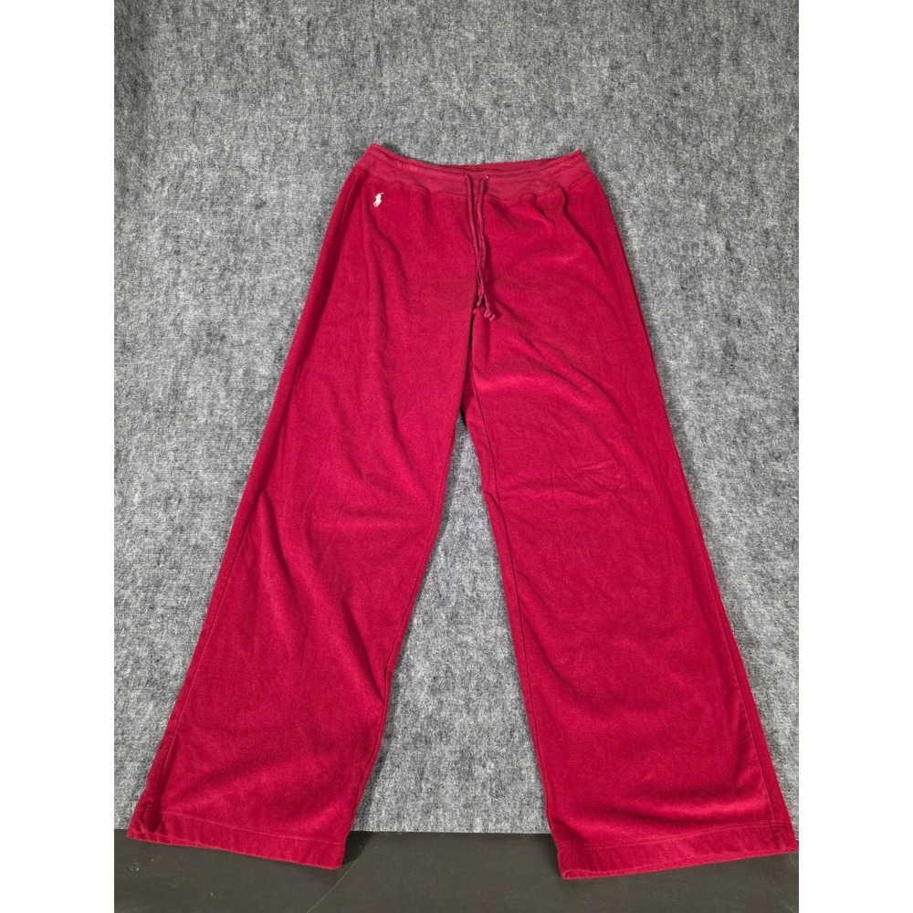 Ralph Lauren Pants Womens Small Velour Wide Leg Red Drawstring Lounge Fleece